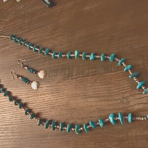28" Hand Strung Turquoise Necklace & Earrings With Silver Decorative Beads etc.